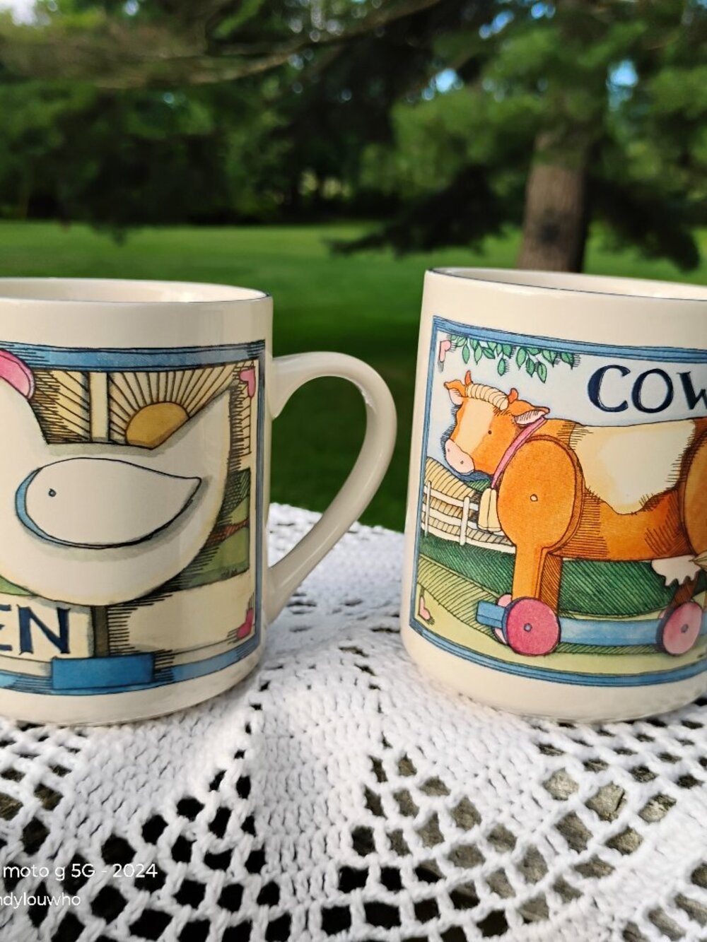 Set of 2 coffee mugs farmhouse style Hen and Cow artist Susan Winget cottagecore